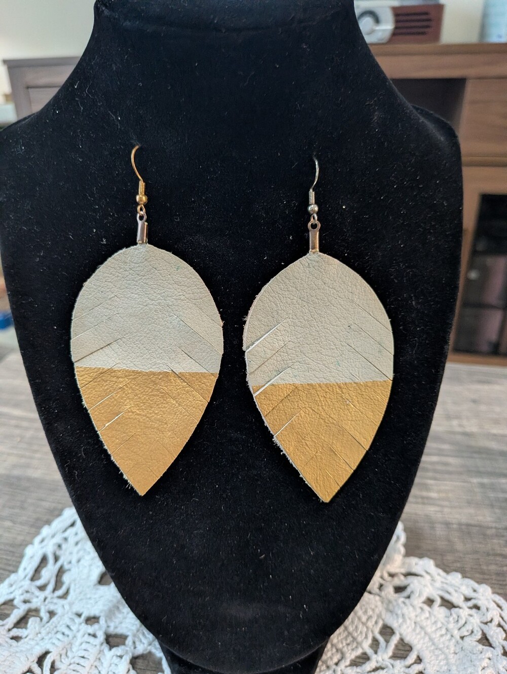 Two-Tone Gold and Cream Leaf Suede Drop Earrings